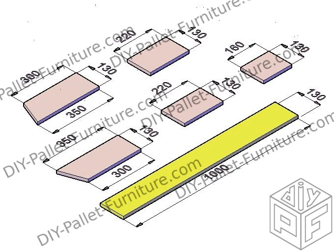 Parts of a bird house built with pallets. Image made with a rendering software.