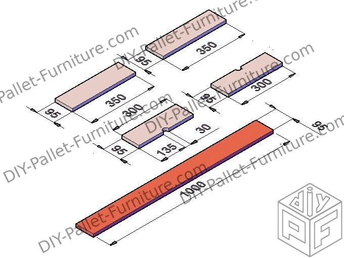 Parts of a bird house built with pallets. Image made with a rendering software.