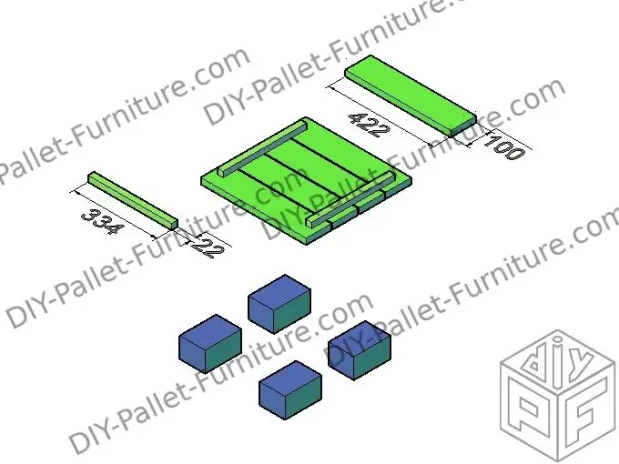 Floor and legs of a pallet seat box render with measures of the different parts