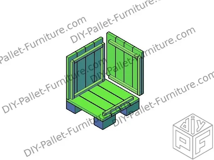 Render view of the building one side of the pallet seat box. The floor is already built plus the first wall. In this step we add the second out of four sides.