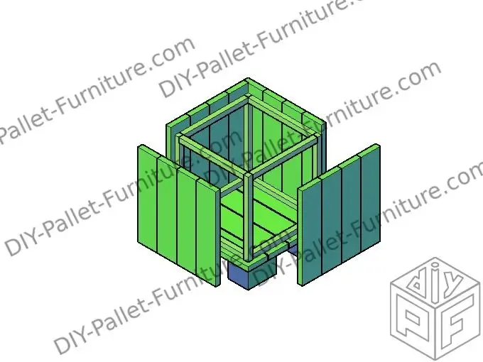 Render view of the instructions to build a pallet seat box. In this image we see the box being closed in its four sides.