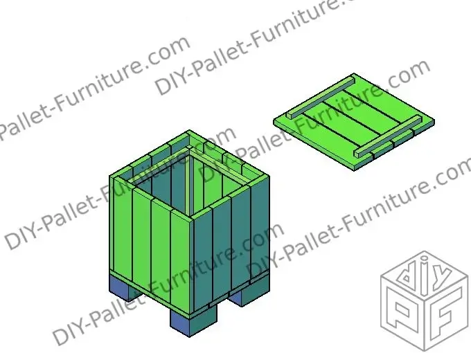 Rendered view made with Autodesk of the pallet seat box on its finished state. This last step is to build the cover for the seat box.