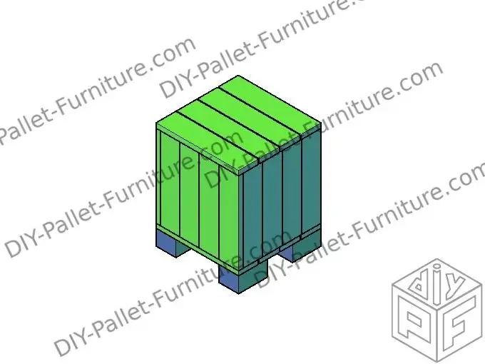Rendered image of the box/chair made with pallets completely closed.