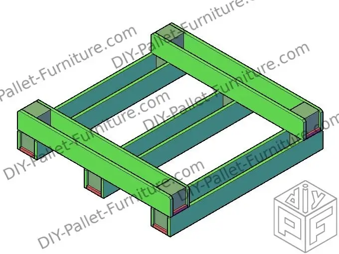 Finished model of a planter for flowers made of pallets, square shaped and with 5 long spaces for flowers