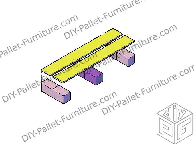 Building the base of the pallet bench for kids. The strips are colored in yellow