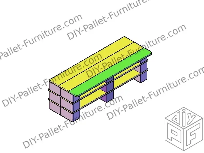 Image of the seat of the pallet bench as in finished state, made in 3d and the different parts colored