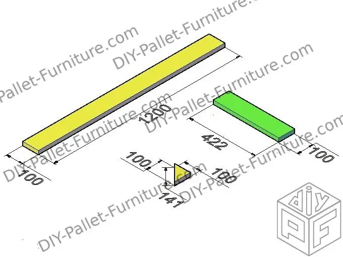 Image of a 3d rendering of the main pieces of the pallet shelf in color. The side is yellow color and the levels in green color