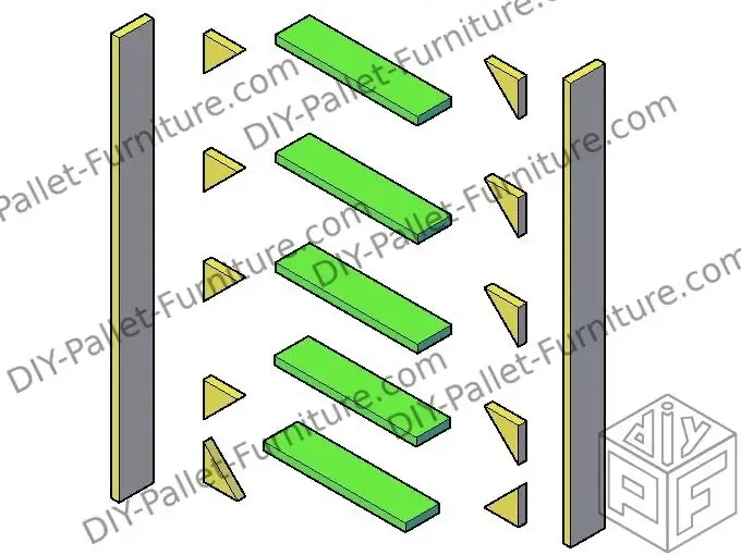 Image of how to install the different levels of the shelf. The 5 different levels are in green color
