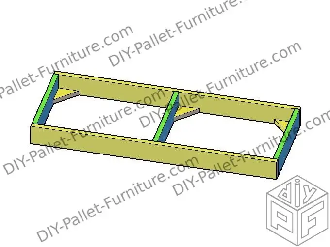 Image of the pallet shelf before being installed the middle shelves. It has 3 levels: the top, the middle and the bottom