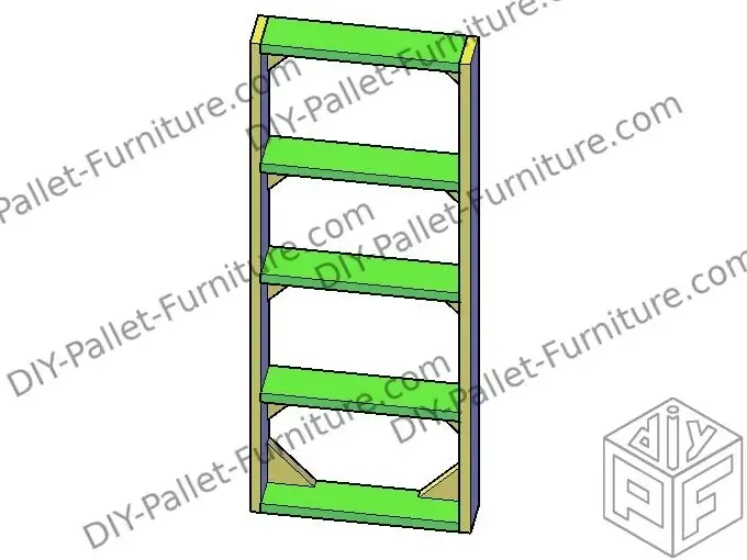 Finished model of a pallet shelf 120cm high and with 5 different levels. The shelves are in green color and the angles and the sides of the shelf are in yellow