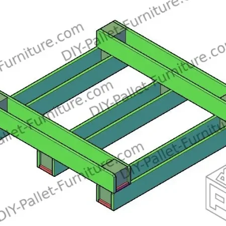 Finished model of a planter for flowers made of pallets, square shaped and with 5 long spaces for flowers