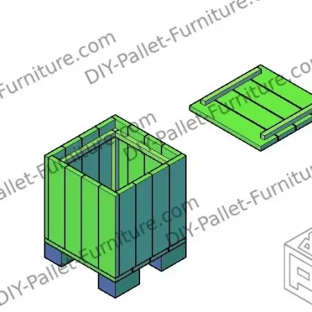 Render of a pallet seat box where you can see the box and the cover for it