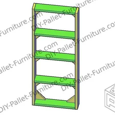 Finished model of a pallet shelf 120cm high and with 5 different levels. The shelves are in green color and the angles and the sides of the shelf are in yellow